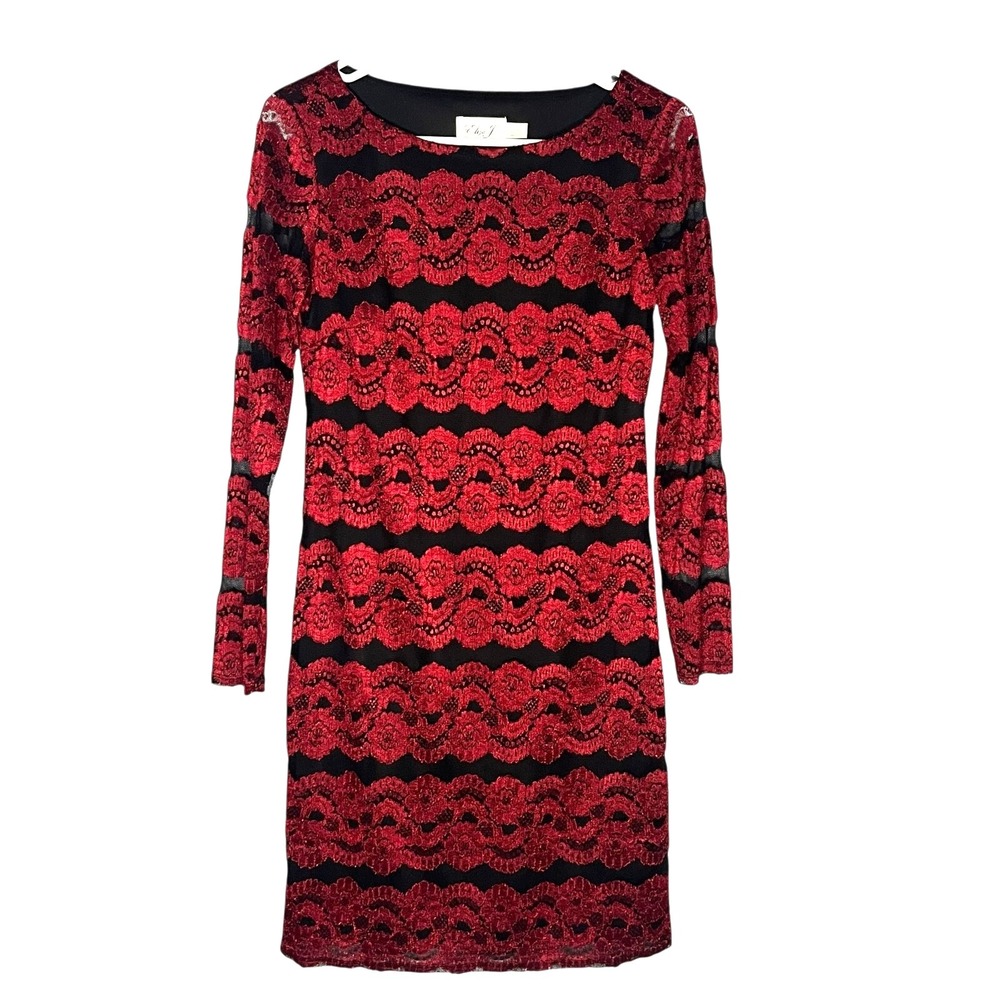 Eliza J Women's Long Sleeve Lace Red/Black Cocktail Dress Lined‎ 6